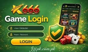 K666 Game login banner with phone and password fields, secure shield and dice graphics