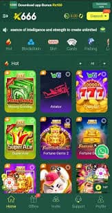 K666 Game app game lobby showing Aviator, Super Ace and Fortune Gems slots