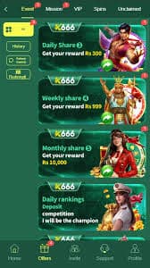 K666 Game events page with daily, weekly and monthly share rewards in PKR