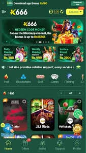 K666 Game home screen with Rs 100 download bonus, deposit button and hot games